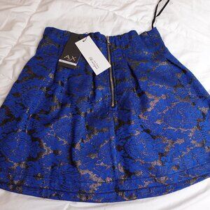 Holiday Ax Paris Skirt Royal Blue Bronze Metallic Foil Pleated Mini Skirt Lined